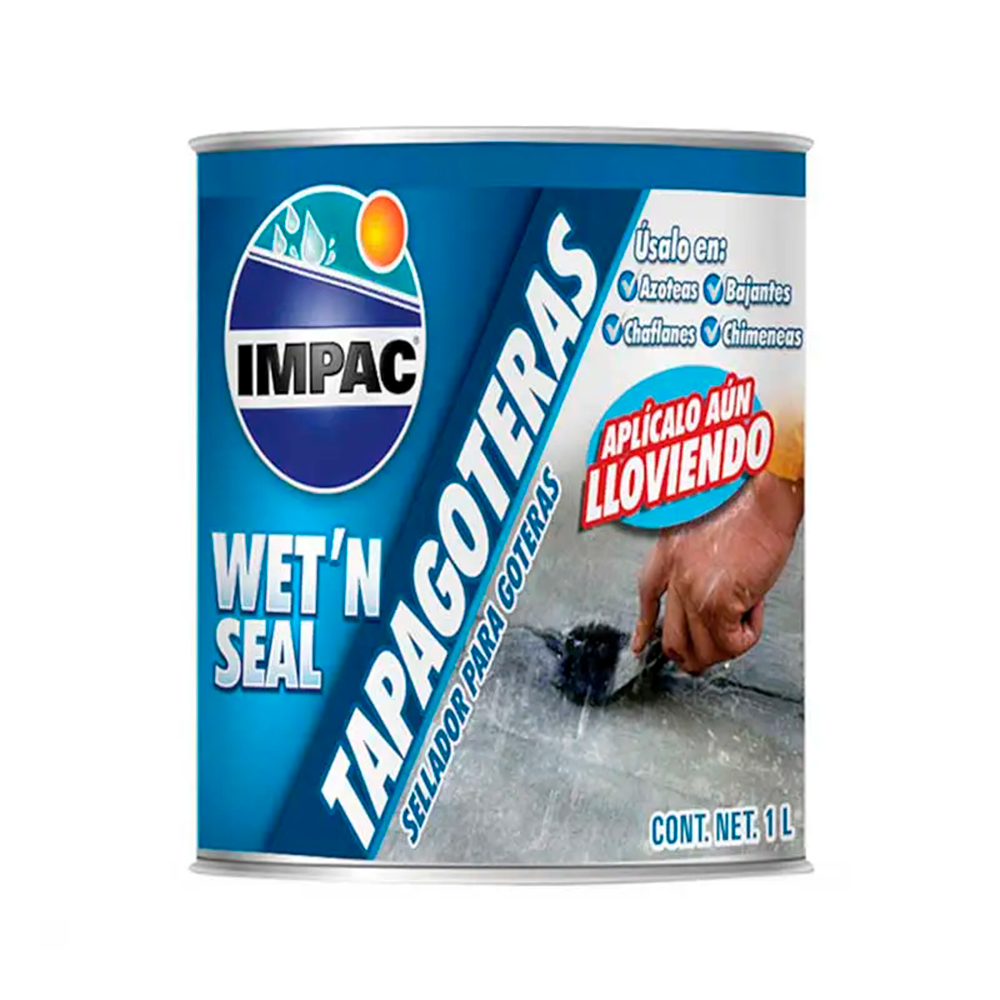 Cubeta de IMPAC Wet 'N Seal cemento asfáltico tapagoteras para reparación de filtraciones.