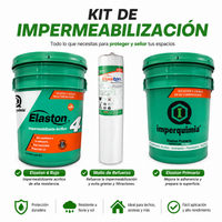 Kit de impermeabilización Imperquimia sobre fondo blanco. Incluye cubeta verde de impermeabilizante acrílico Elaston 4 de 19L, rollo de malla de refuerzo doble 65 y cubeta de Elaston Primario.
