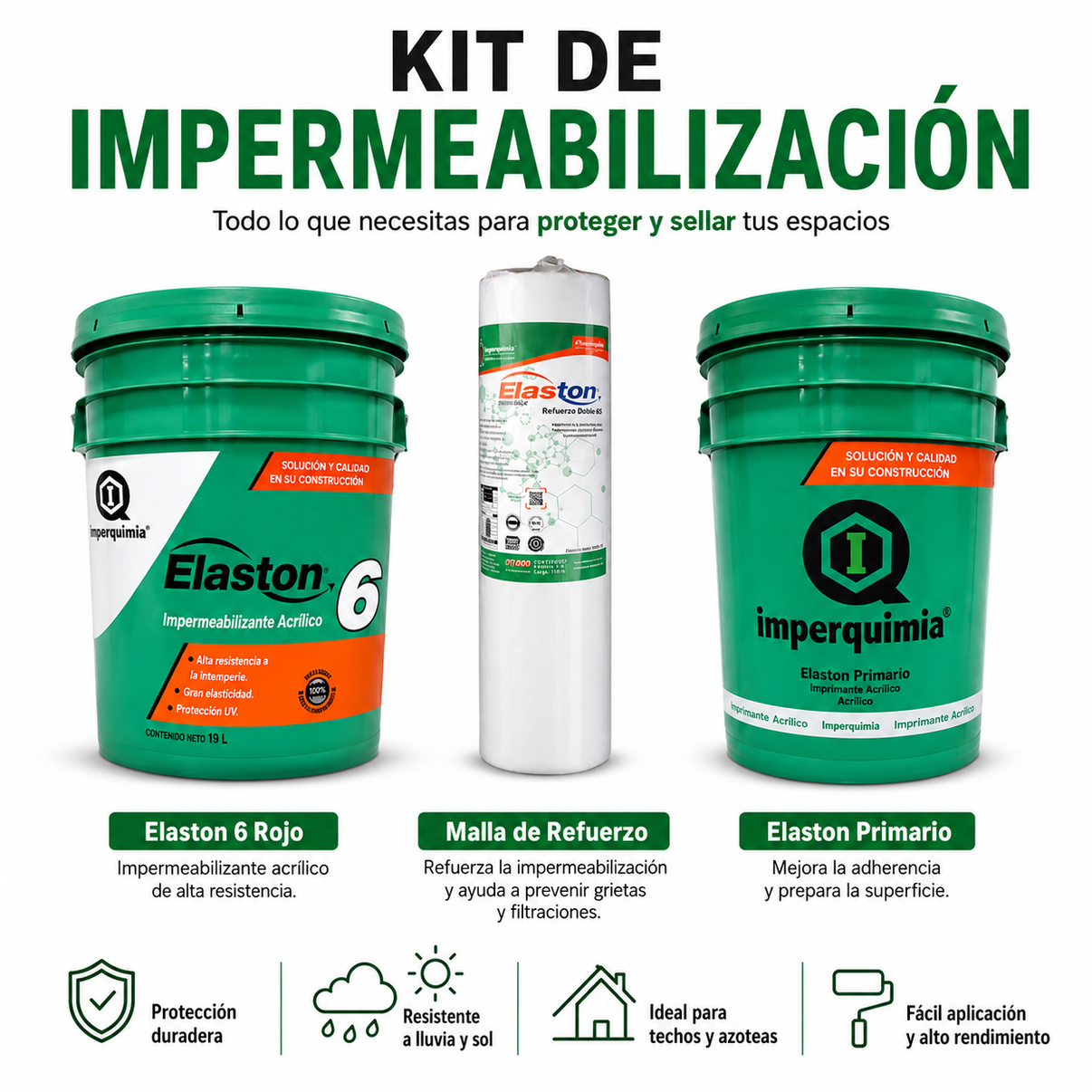 Kit de impermeabilización Imperquimia con cubetas de Elaston 6, Elaston Primario y rollo de malla de refuerzo para techos.