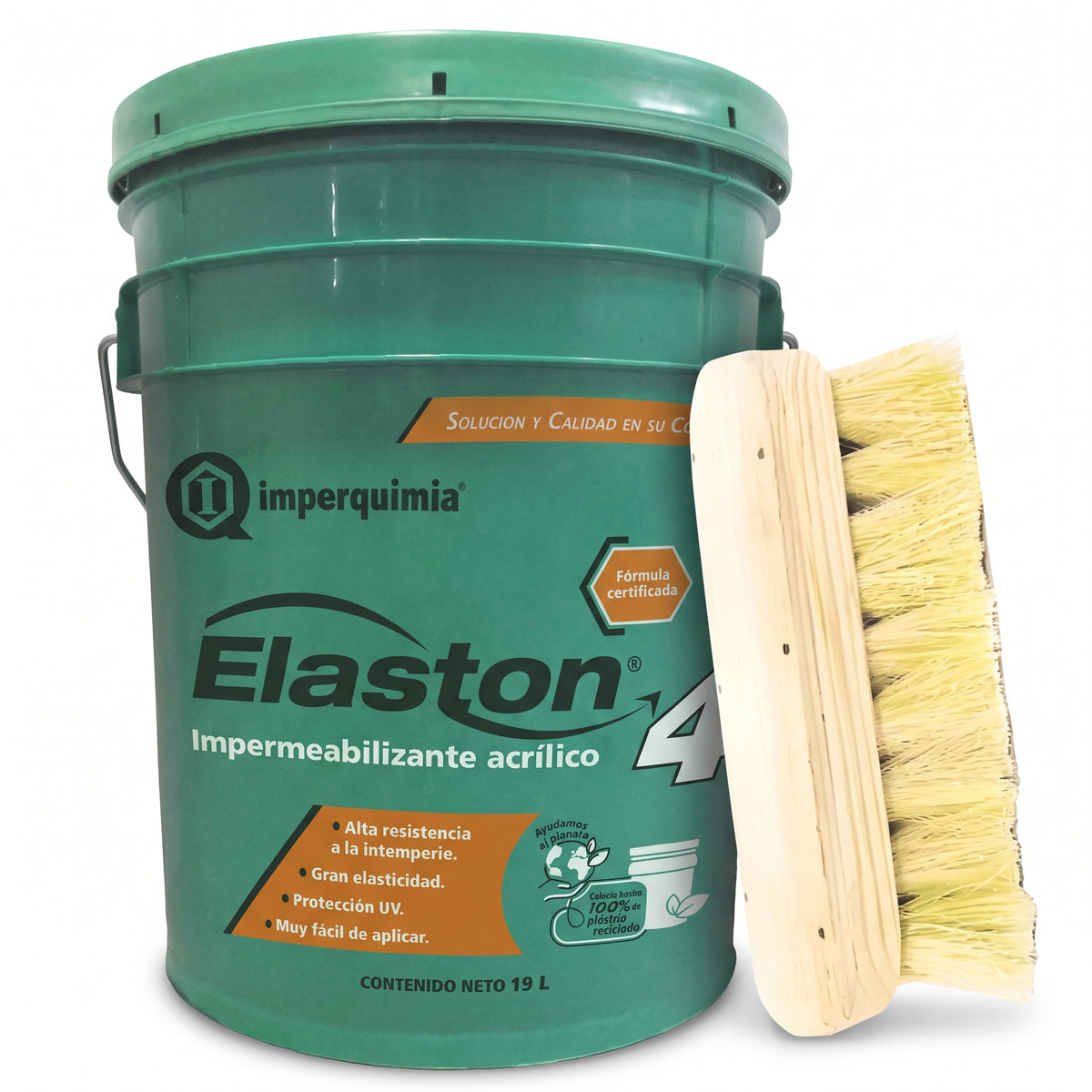 Kit de impermeabilización con cubeta verde de Elaston 4 rojo de Imperquimia y cepillo de ixtle con base de madera, sobre fondo blanco.