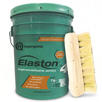 Kit de impermeabilización con cubeta verde de Elaston 4 rojo de Imperquimia y cepillo de ixtle con base de madera, sobre fondo blanco.