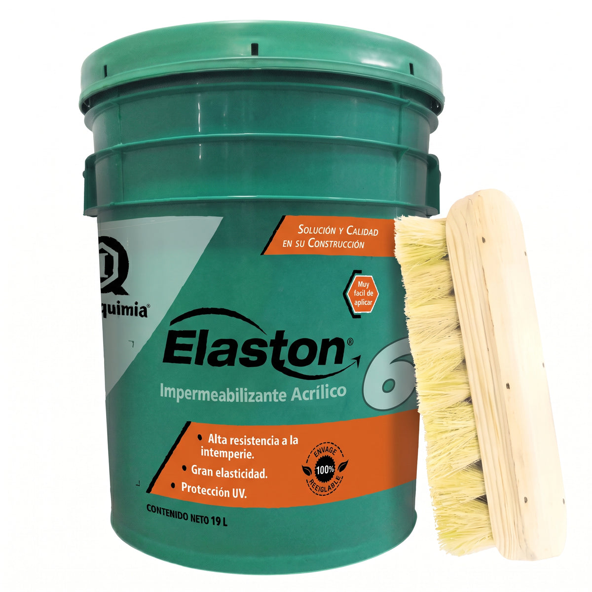 Kit de impermeabilización con cubeta verde de Elaston 6 rojo de Imperquimia y cepillo de ixtle con base de madera, sobre fondo blanco.