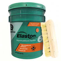 Kit de impermeabilización con cubeta verde de Elaston 6 rojo de Imperquimia y cepillo de ixtle con base de madera, sobre fondo blanco.